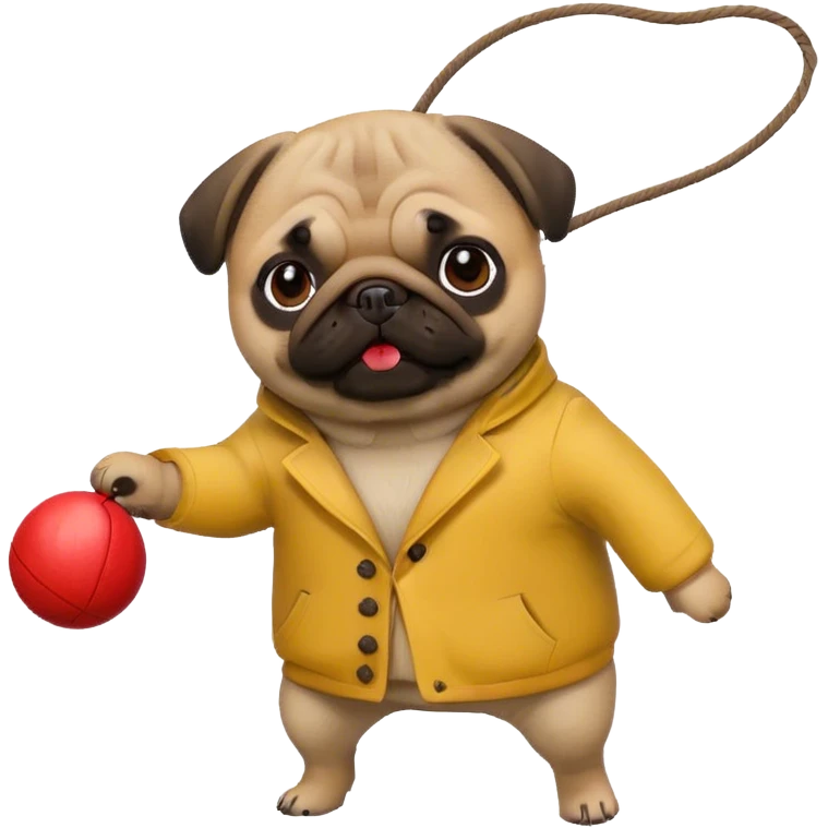 A pug in a yellow coat holds a red ball on a string emoji