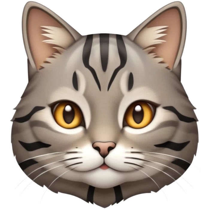 cinematic-cute-grey-and-black-brown-tabby-cat-portrait-emoji,-head-tilted-playfully-and-inquisitively,-sleek-grey-brown-fur-with-bold-black-tabby-stripes-and-a-distinctive-m-shaped-marking-on-the-forehead,-sparkling-amber-eyes,-simplified emoji