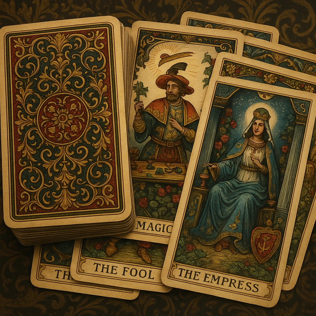 highly detailed tarot deck with decorative card backs, classic Victorian motifs, rich colors, cards stacked and slightly spread emoji