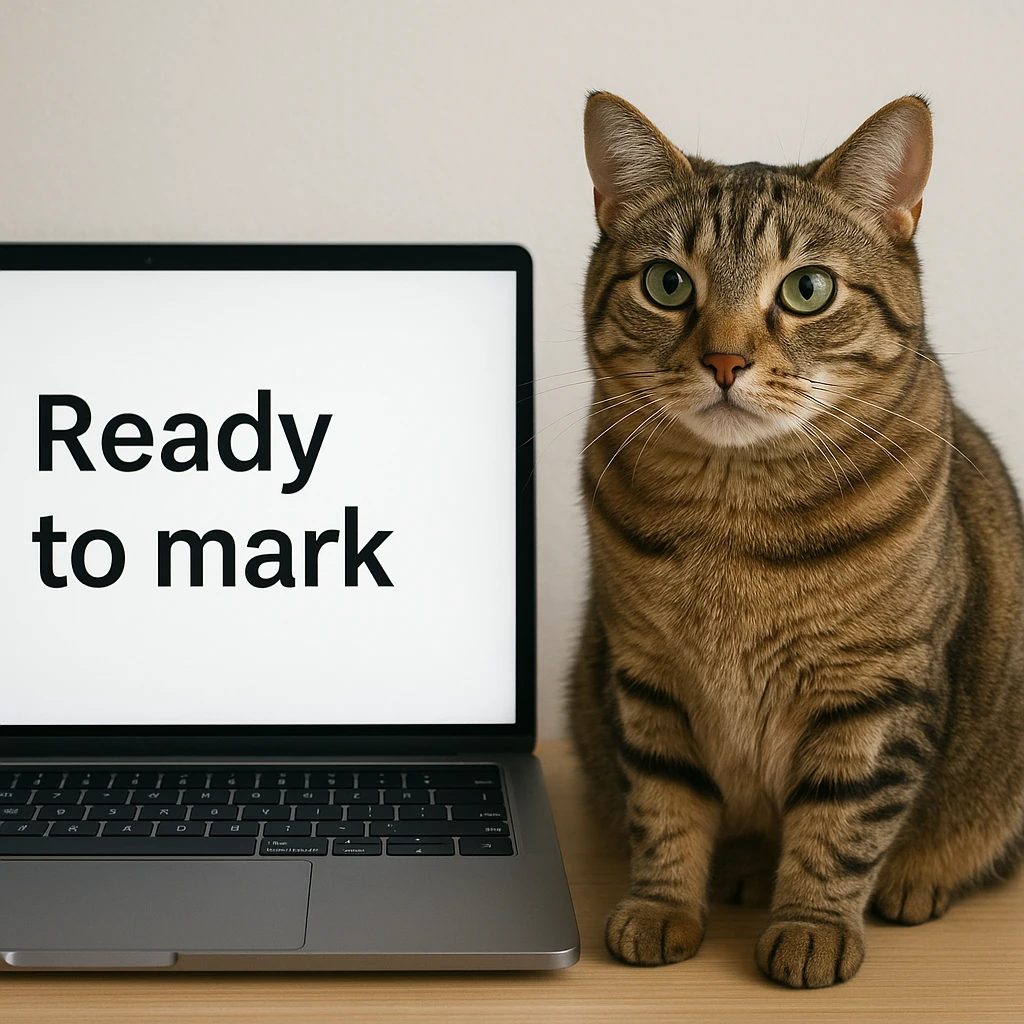A cat sitting next to a computer with the inscription 'Ready to mark' emoji