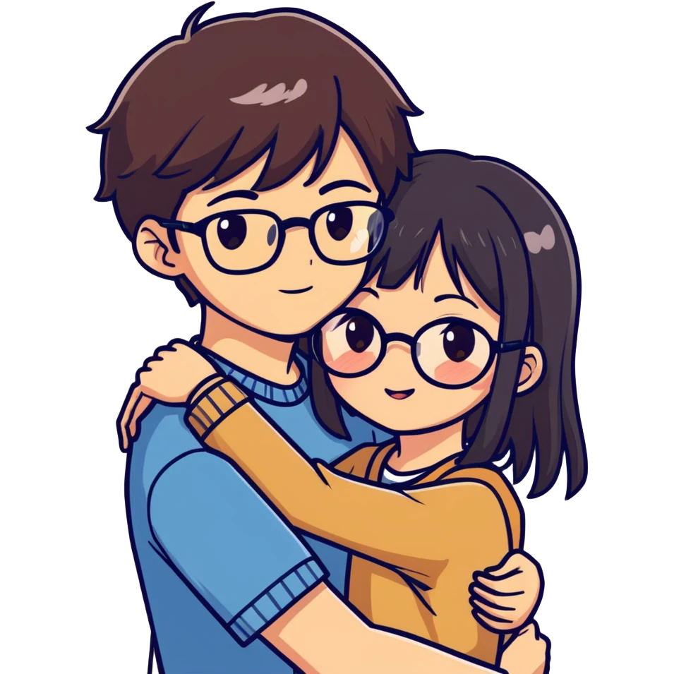 A handsome boy with big hazel eyes, slightly protruding ears, a sharp jawline, dark brown hair and a very sweet Asian girl with medium-length dark hair and bangs, brown eyes and glasses are hugging. emoji