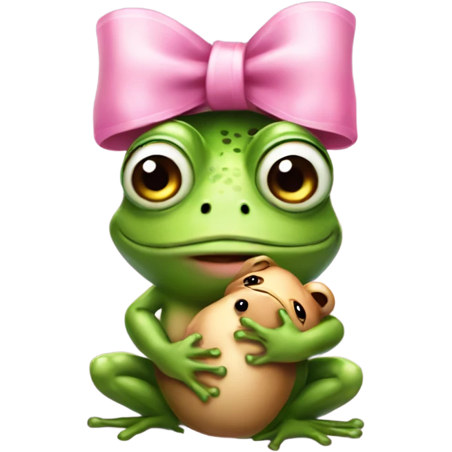 Frog wearing pink bow on head while holding teddybear in his hands emoji