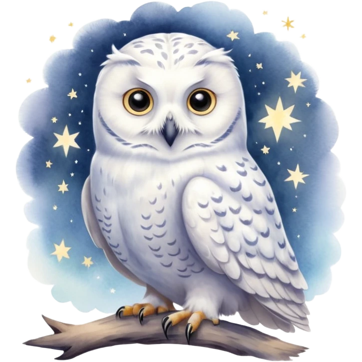 A hand-drawn fantasy illustration of Hedwig, Harry Potter’s snowy owl, with soft watercolor style, gentle pastel tones, magical sparkles in the air, cozy wizarding atmosphere, storybook illustration, high detail, whimsical and warm mood. emoji