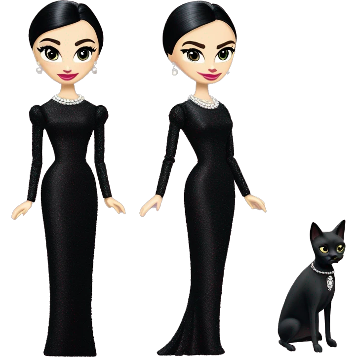 Audrey Hepburn as Sabrina Barbie.Morticia Addams. Show full body. Embroidered long black gown jewelry gloves pearl earrings  emoji