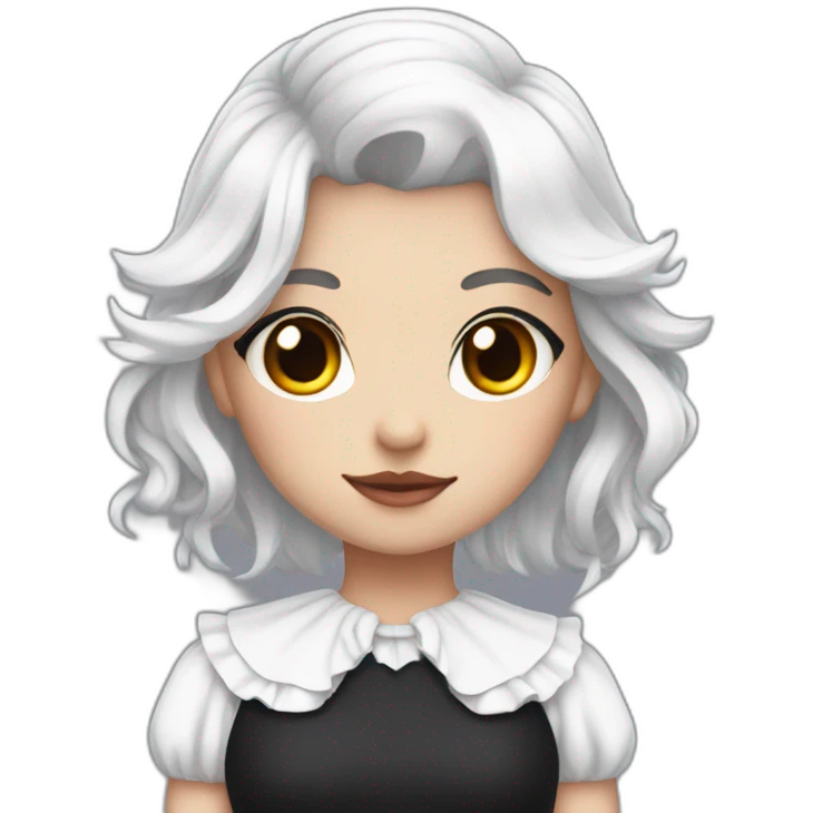 a girl with white hair that is in a undercut and she has red eyes and black angel wings and she has a maid dress on emoji