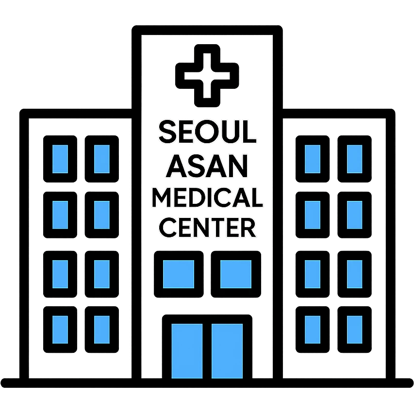 Seoul Asan Medical Center, minimal hospital building, blue windows, inspired by reference image emoji