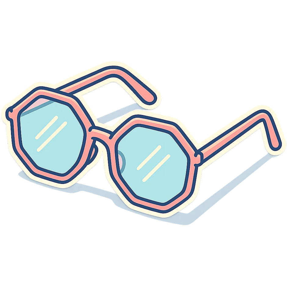 stylish eyeglasses for vision with diopters, hexagonal frame, three-quarter view, vector look with shadows and glare, detailed shading, thin clean outlines, pastel palette, Japanese pop art, sticker look, highly detailed emoji