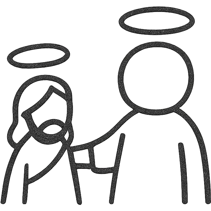 hand drawn cutesy tiny Jesus and a person, both with halos, so small that faces are not visible emoji