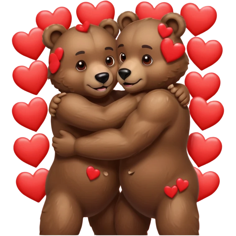 two muscular bears hugging, surrounded by hearts, playful and loving emoji