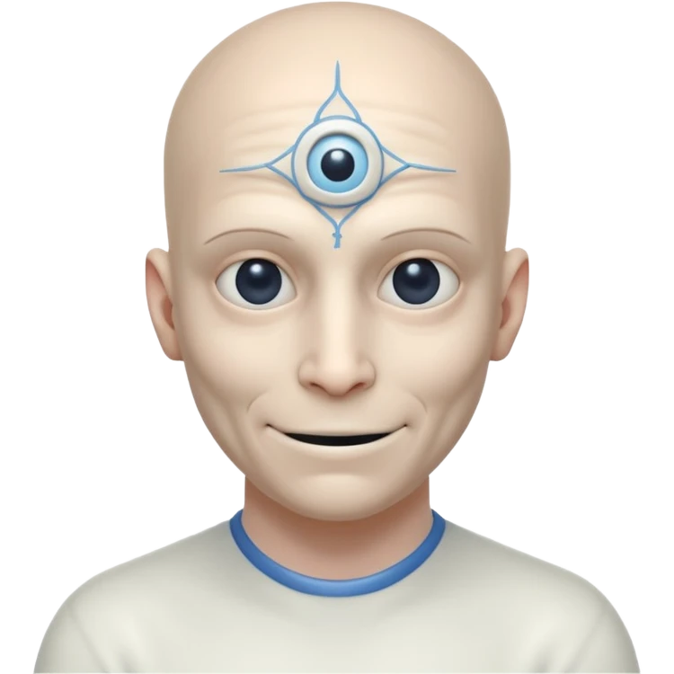 mutant test subject portrait, head and shoulders only, third eye on forehead, pale skin, creepy calm smile, lab experiment style, 3D cartoon, mobile game icon style, clean background, no text, no watermark

 emoji