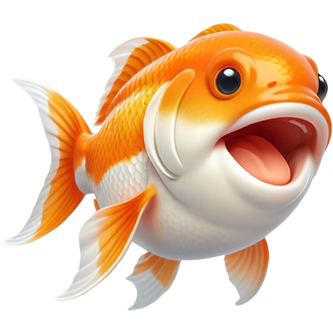 Cinematic Cute Yawning Orange and White Goldfish Portrait Emoji, Head tilted slightly with a dramatic, wide-open yawn, showcasing a smooth body with a balanced blend of orange and white, graceful fins slightly drooping, round golden eyes barely open in drowsy contentment, Simplified yet irresistibly adorable features, highly detailed, glowing with a soft, cozy glow, high shine, relaxed yet expressive, stylized with a touch of whimsy, bright and endearing, soft glowing outline, capturing the essence of a sleepy yet affectionate goldfish, so drowsy it feels like it could float out of the screen and curl up for a nap! emoji