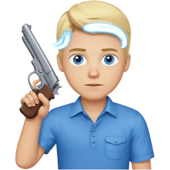 A blonde guy with blue eyes and blue shirt holding a gun emoji