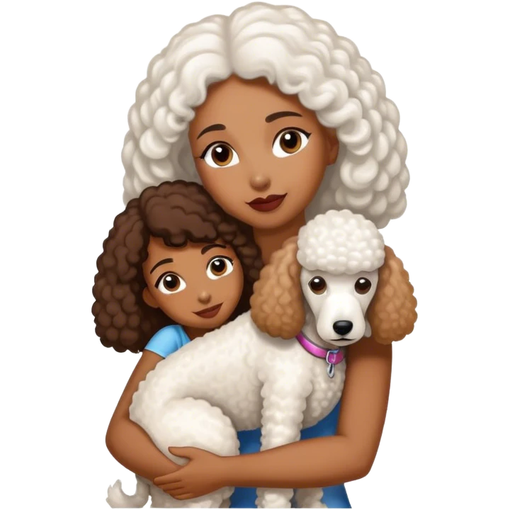 White standard poodle and long-Straight hair brown-skinned woman embrace emoji