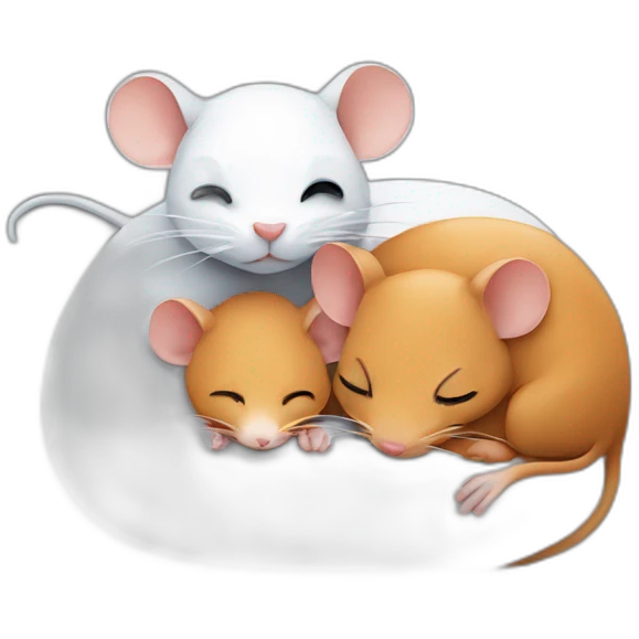 two ginger rats, two black rats and one white rat are sleeping together emoji