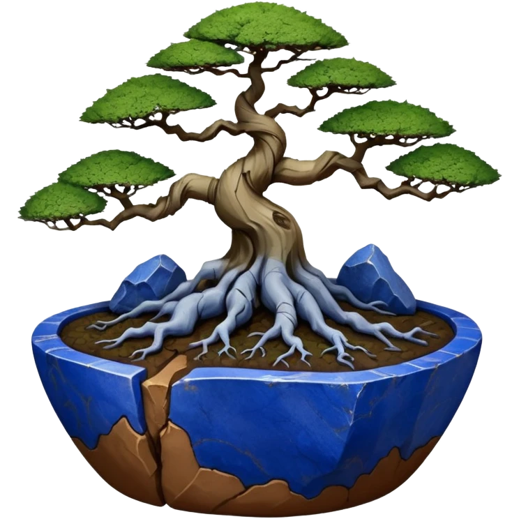 Aged bonsai two toned lapis blue terracotta Roots Stoneware akadama moss on soil irregular angular Stone Age rocks cracked crags and broken rough edges forming a very short shallow flat Yixing forest pot emoji