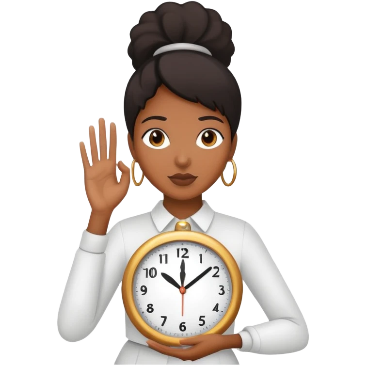 black woman holding a clock in one hand and holding her other hand like 🤏🏾 emoji