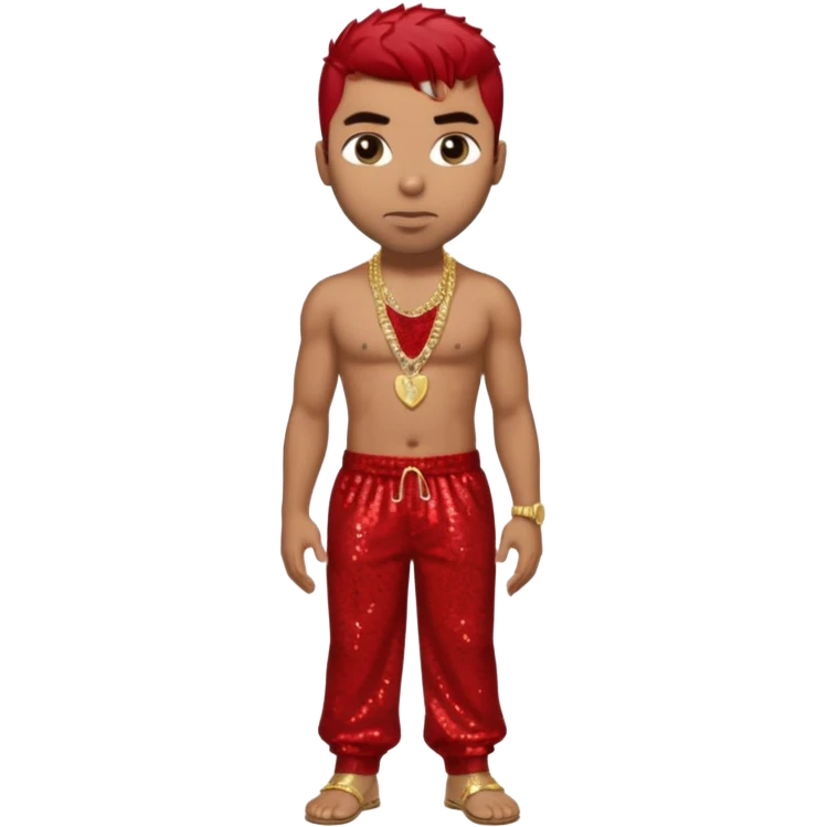 Ginuwine with red sequin baggy pants, shirtless with necklace, dark brown hair emoji