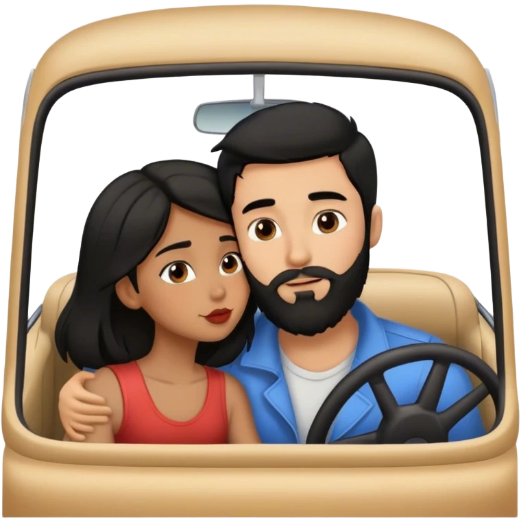 brown girl with black hair kissing boy with black  hair  and beard in  car emoji