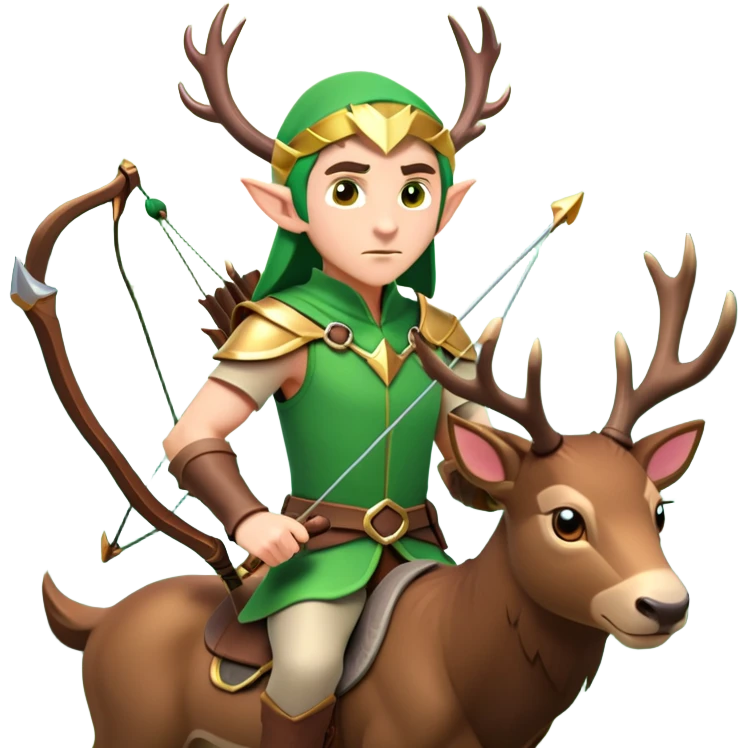 clash-of-clans-aesthetic-focused-elf-archer-portrait-emoji, rendered in a flat, vector-style with minimal shading and bold, simplified shapes, head tilted slightly forward with a determined, focused expression, riding a majestic stag whose luminous antlers glow with mystical energy, set against an ancient, enchanted forest backdrop. emoji