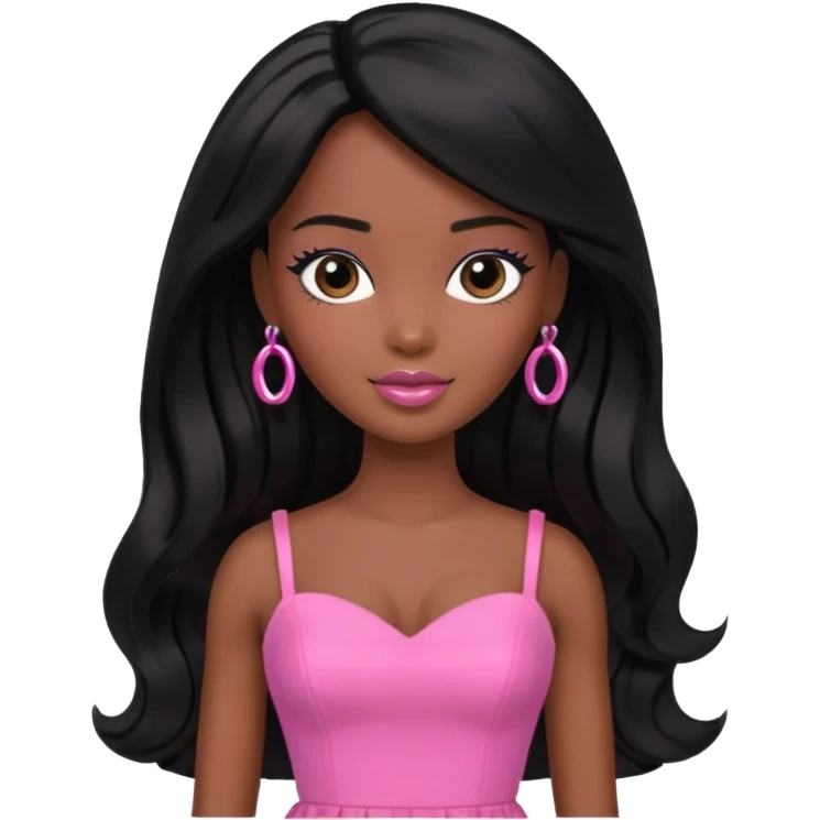 Darker skin Black barbie, long black  hair, pink dress emoji