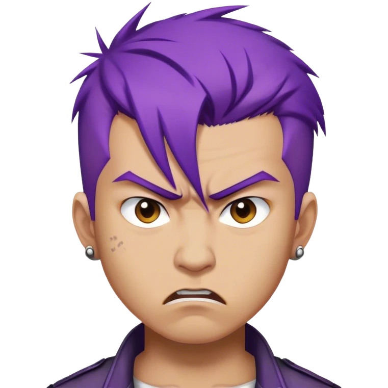 asian man with purple hair, punk style, angry emoji