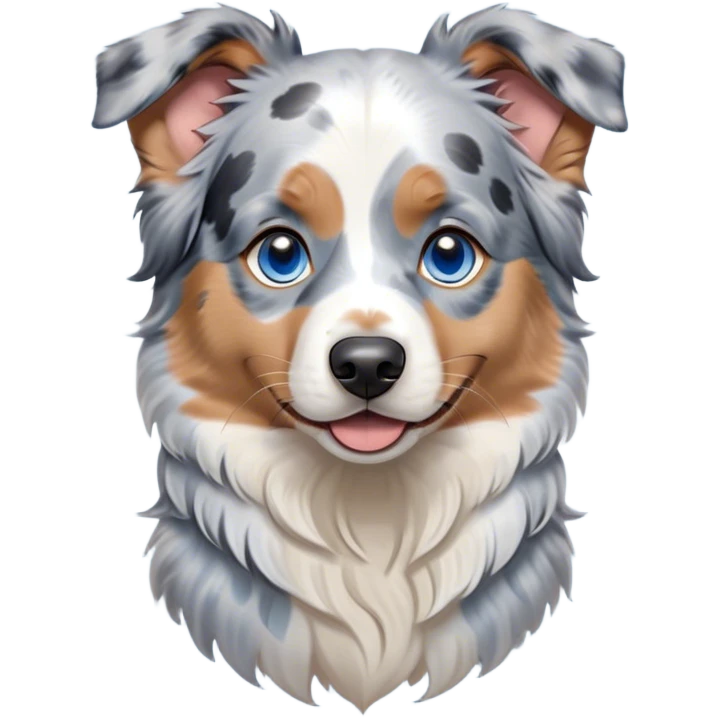 Cinematic Cute Tan Point Blue Merle Australian Shepherd Portrait Emoji, Head tilted playfully and inquisitively, soft blue merle fur accented by vibrant tan points and subtle white markings, round, sparkling blue eyes filled with curiosity, Simplified yet irresistibly adorable features, highly detailed, glowing with a warm, friendly glow, high shine, affectionate and lively, stylized with a touch of whimsy, bright and endearing, soft glowing outline, capturing the essence of a mischievous yet loving pup, so playful it feels like it could bound out of the screen and into your arms! emoji