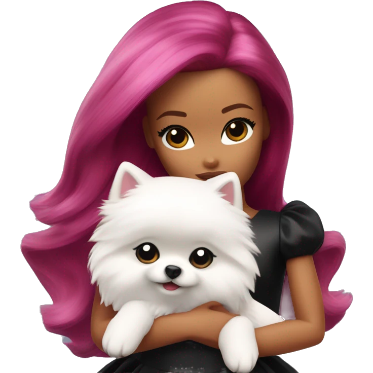 Barbie with burgundy color hair hugging white small Pomeranian with black ears close up emoji