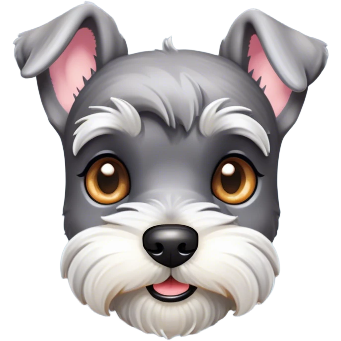 Cinematic Cute Miniature Schnauzer Portrait Emoji, Head cheerfully cocked with expressive, twinkling eyes and a neatly trimmed, adorable salt-and-pepper fur, simplified yet endearingly detailed, glowing with a bright, friendly radiance, high shine, exuding smart and spunky charm, styled with a delicate, whimsical outline, capturing the essence of a cute Miniature Schnauzer that appears ready to scamper off the screen with delightful energy! emoji