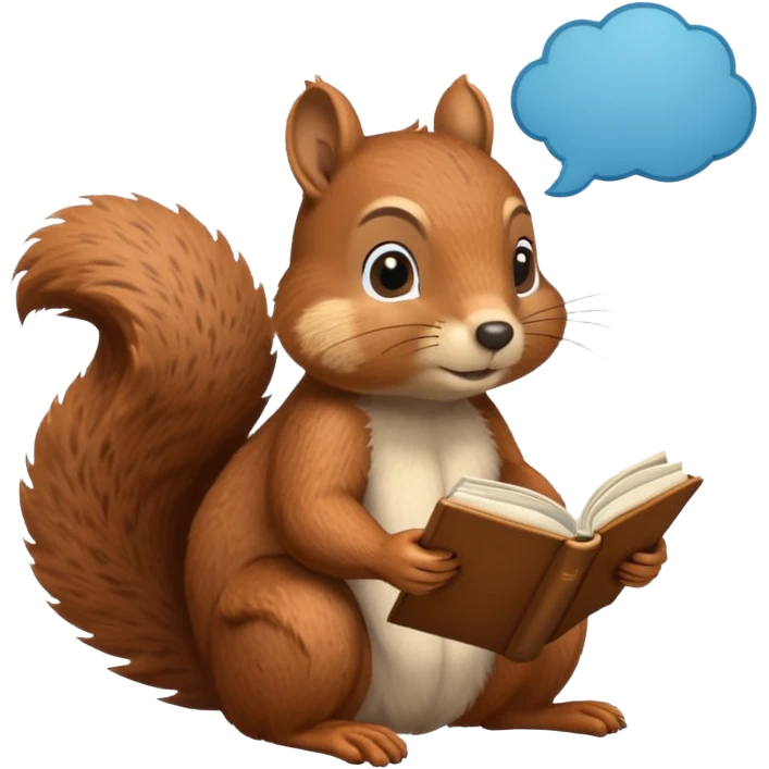 a squirrel reading a book, with a thought bubble above its head, looking like it's deep in thought emoji