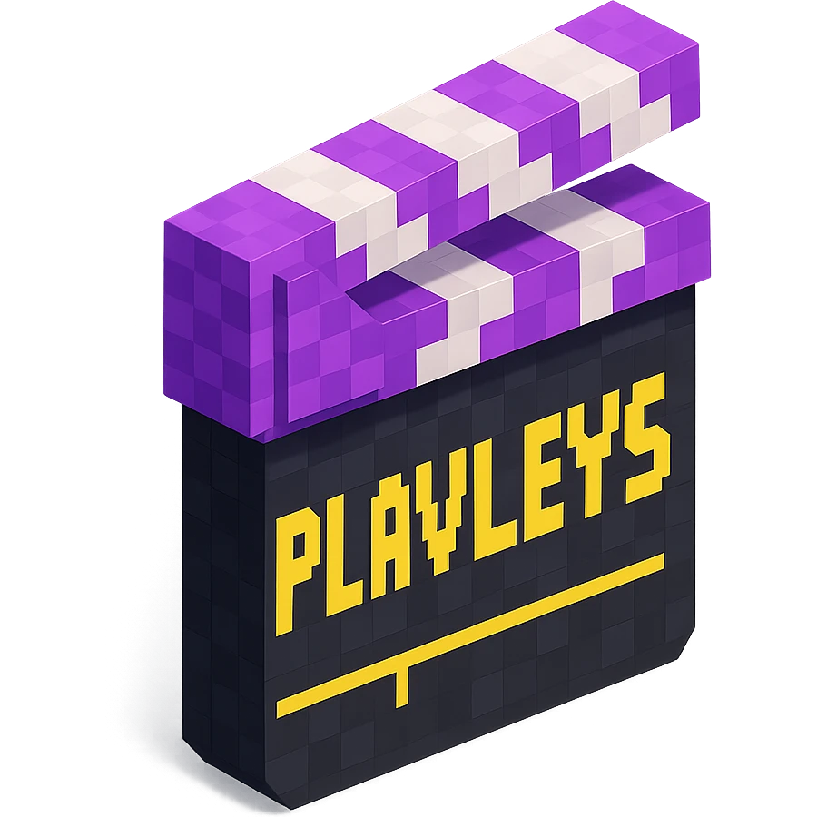 voxel style movie clapperboard with the text 'PLAVLEYS', purple lid, black body, isometric view emoji