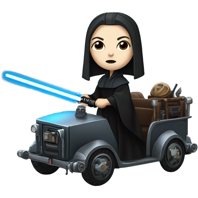 Wednesday Addams Jedi bounty hunter driving a modern blue and pewter steampunk electric wagon emoji