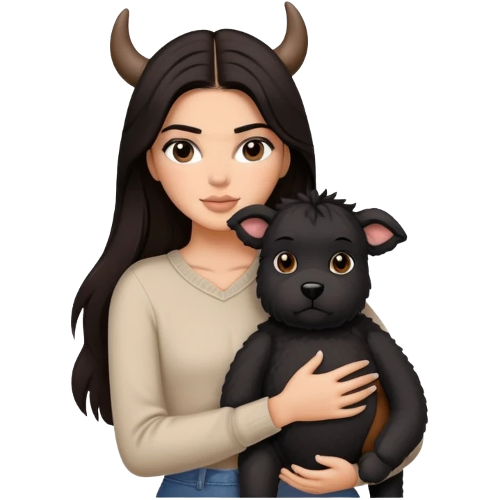 Kendall Jenner with long dark hair holding a brown teddy bear, a black schnauzer and a cow cat in her arms emoji