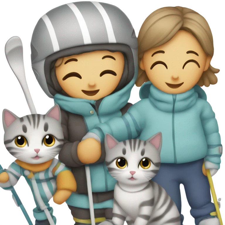 Infant skiing with its family of five, and one grey striped cat emoji