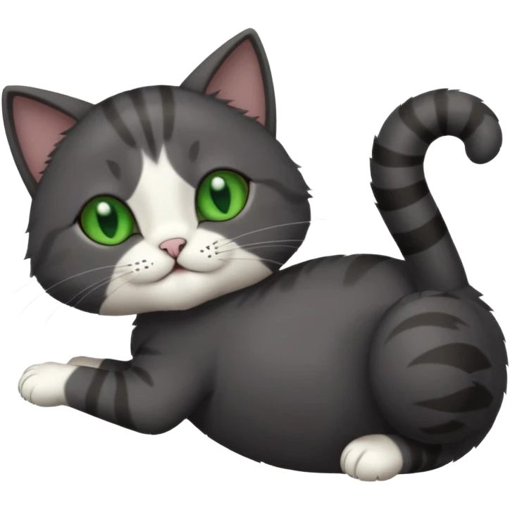 solid dark grey cat with green eyes, white toes/paws playfully rolling upside down emoji