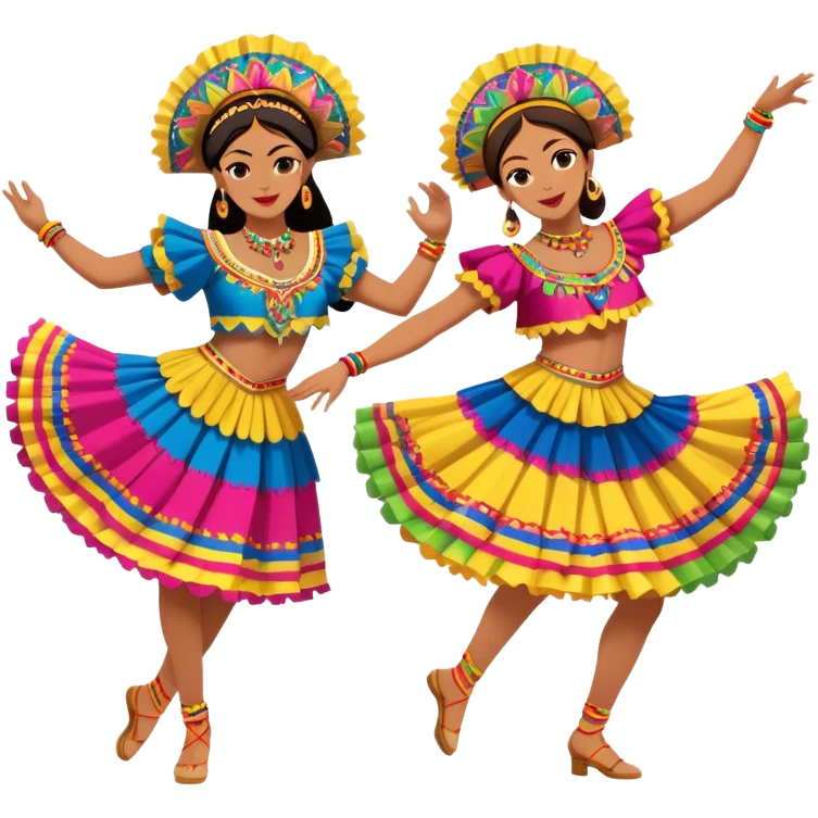 Cinematic Realistic scene of two dancers performing Cumbia, adorned in colorful traditional Colombian costumes with intricate details, captured in rhythmic motion with lively, festive lighting emoji