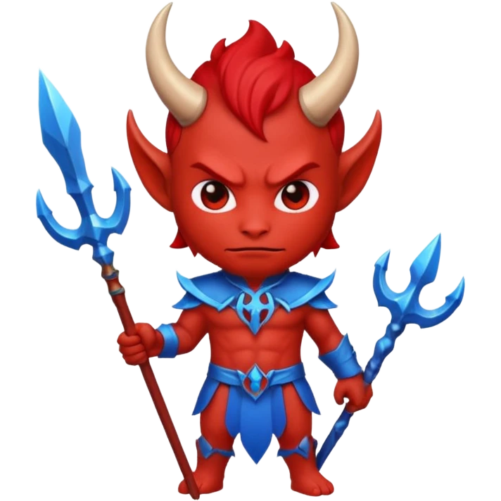 a Red devil, short horn Chibi red demon hold a blue trident emoji