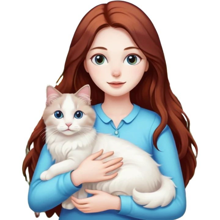 A woman with long dark auburn hair holding a white ragdoll cat in a field of flowers emoji