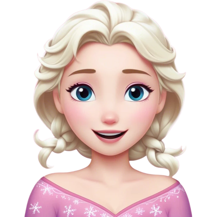 Cinematic Adorable Elsa Portrait Emoji, Giggling as tiny snowflakes swirl around her, cheeks flushed pink from the cold, eyes twinkling with warmth, a heart-melting mix of beauty and playfulness! emoji