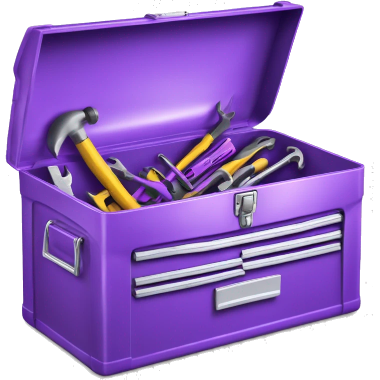 Realistic metallic purple tool box with top open and purple tools inside of it isolated.  emoji