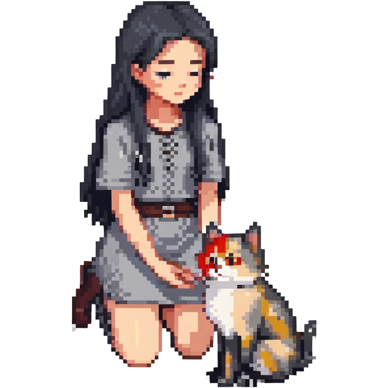 beautiful girl with long black hair kneeling petting a gray and blonde mixed cat looking up at her, pixel art style emoji
