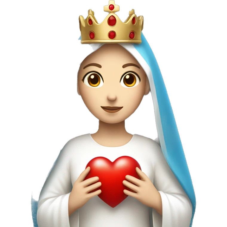 holy mary with a crown, blue veil, white clothes, white skin, holding a red heart in her hands emoji