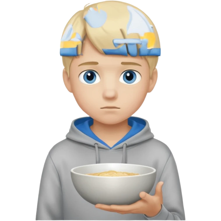 Teen boy with blue eyes and Grey hoodie standing up with blond short bowl cut emoji