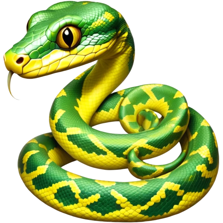 cinematic-green tree python-realistic-full-body-coiled-emoji,-thick-scaled-body-looped-tightly,-intricate-yellow and white-patterned-scales-reflecting-light,-head-tilted-dramatically,-cute-eyes-staring-calmly,-simplified-yet-realistic-focused-feature emoji