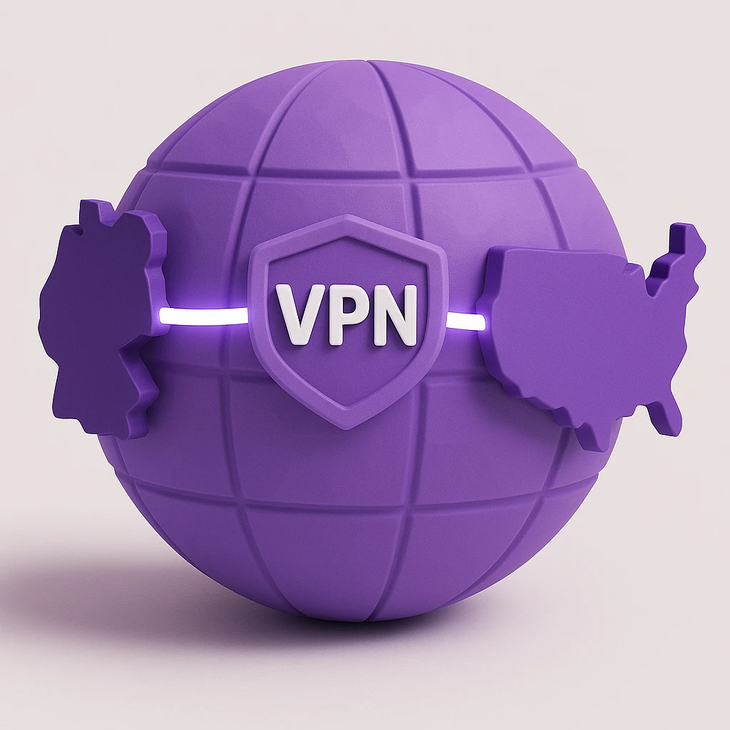 Make the VPN connection line between Germany and USA glow with a purple color scheme on a playful 3D globe with realistic shading and depth. emoji