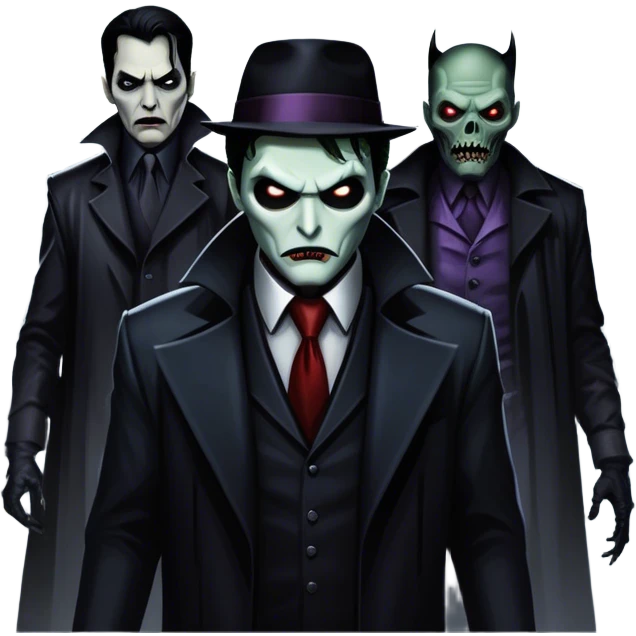 Icon for Thriller Movies: A large, dramatic collage featuring sinister villains and zombies in dark clothing. The background shows the gloomy cityscape of Gotham with dim lighting and eerie shadows. The atmosphere should be tense, mysterious, and suspenseful. Transparent background. emoji