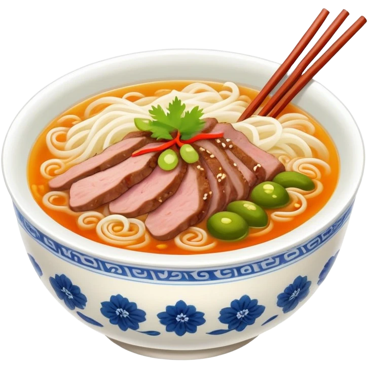 Guilin rice noodles with pickles and meat in soup, simplified emoji style with bold outlines and bright colors, cartoon style Guangxi specialty Mi Fen emoji