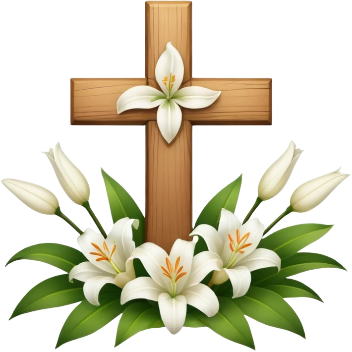 A wooden cross with white lilies around the bottom. emoji