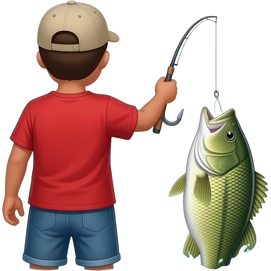 a kid facing the other way hooked into a big bass fish in the water,no hat and red shirt and bit darker skin emoji