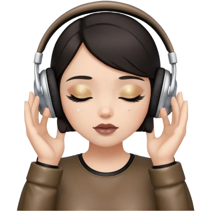 Girl with dark hair, fair skin tone, wearing a leather top, has glitter on her eyelids, and taupe lipstick, wearing white headphones, her hands are on her ears, and her eyes are close emoji
