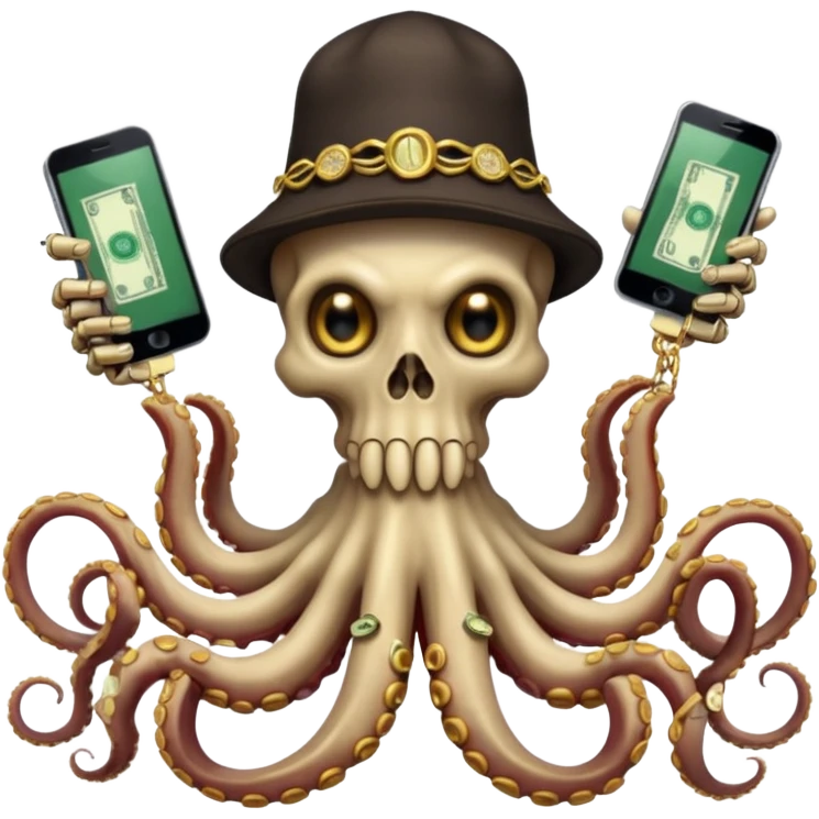 satanic octopus skeleton. Evil looking eyes, wearing a gold necklace and backwards hat. 2 tentacles are holding their own cellphones, 2 other tentacles are holding stacks of cash emoji